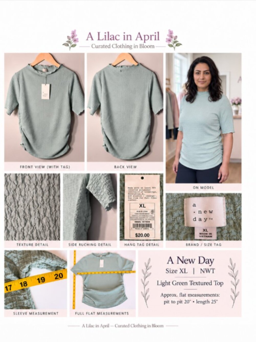 A New Day Size XL Sage Green Textured Short Sleeve Top (NWT)